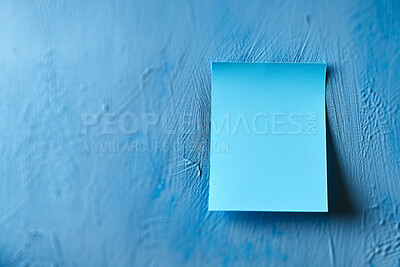 Sticky note, wall and paper with reminder for tasks, agenda or mockup space on a blue background. Empty document, sign or small list for schedule planning, brainstorming or post for checklist or memo