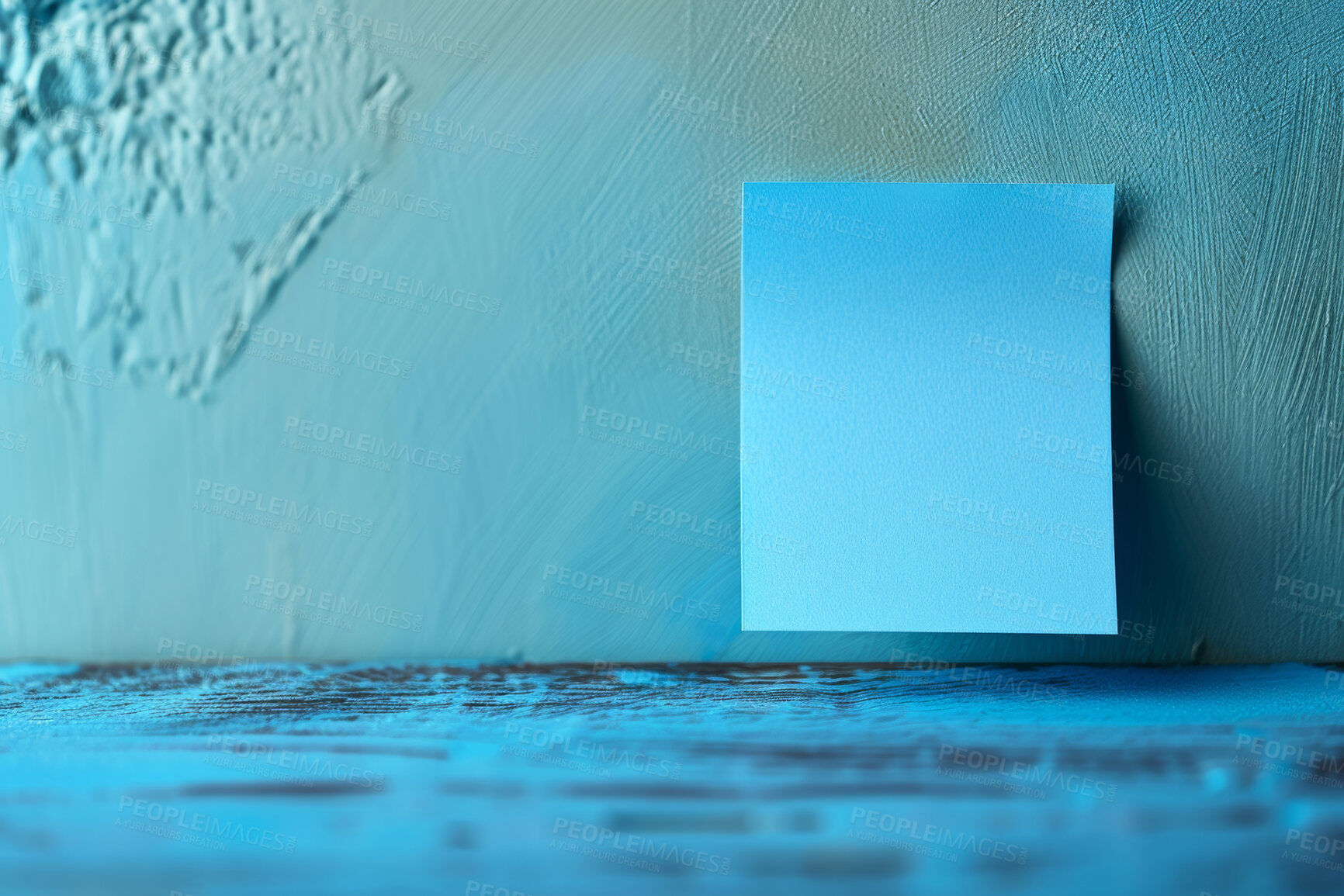 Buy stock photo Sticky note, wall and paper with reminder on page for tasks, agenda or mockup space on a blue background. Empty document, sign or list for schedule planning, brainstorming or post, checklist and memo