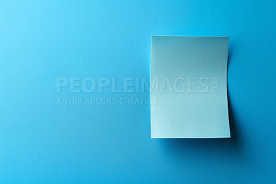 Buy stock photo Sticky note, wall and paper with reminder, agenda or mockup space for tasks or page on a blue background. Empty document, sign or list for schedule planning, brainstorming or post, checklist and memo