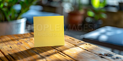 Sticky note, yellow page and wooden table with reminder for agenda, tasks or message at indoor cafe. Empty card, document or paper of memo or sign for list, tips or notification alert at restaurant