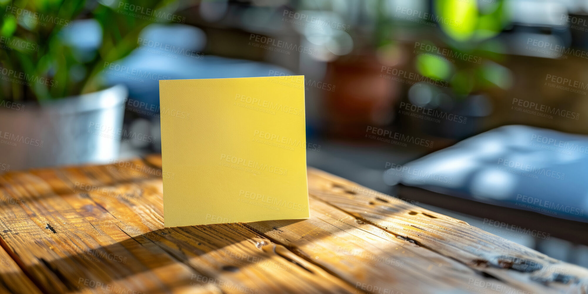 Buy stock photo Sticky note, yellow page and wooden table with reminder for agenda, tasks or message at indoor cafe. Empty card, document or paper of memo or sign for list, tips or notification alert at restaurant