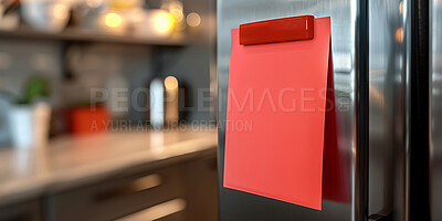 Buy stock photo Paper, note and mockup on a fridge for grocery, reminder or supermarket checklist in a house kitchen. Empty, space and refrigerator notepad sheet in a home for writing, shopping or creative message