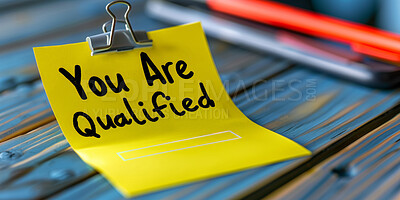 Buy stock photo Sticky note, clip and message with reminder for career opportunity, qualification or notification on wooden table. Closeup of document or yellow page with alert, review or memo sign for certification