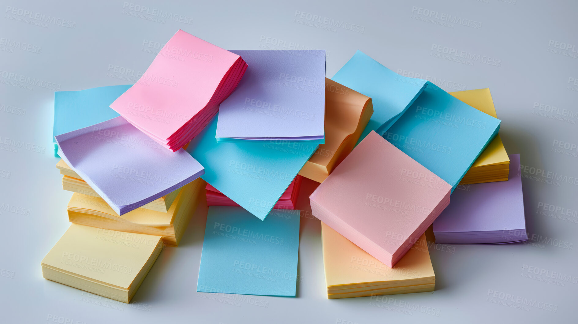 Buy stock photo Stack, sticky notes and ideas for vision, task and brainstorming in studio. Writing, collaboration and mockup space for text, project and assignment for planning, notice and creativity or strategy