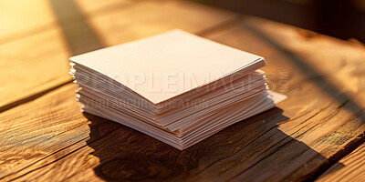 Sticky notes, stack and pile with paper on wooden table for schedule planning, agenda or reminder. Closeup of empty cards or documents for memory, memo or message on checklist, tips or blank pages