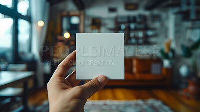 Person, hand and blank paper with mockup for note, message or gift card in living room at home. Closeup of empty page, poster or small sign for alert, notification or reminder of agenda, memo or task