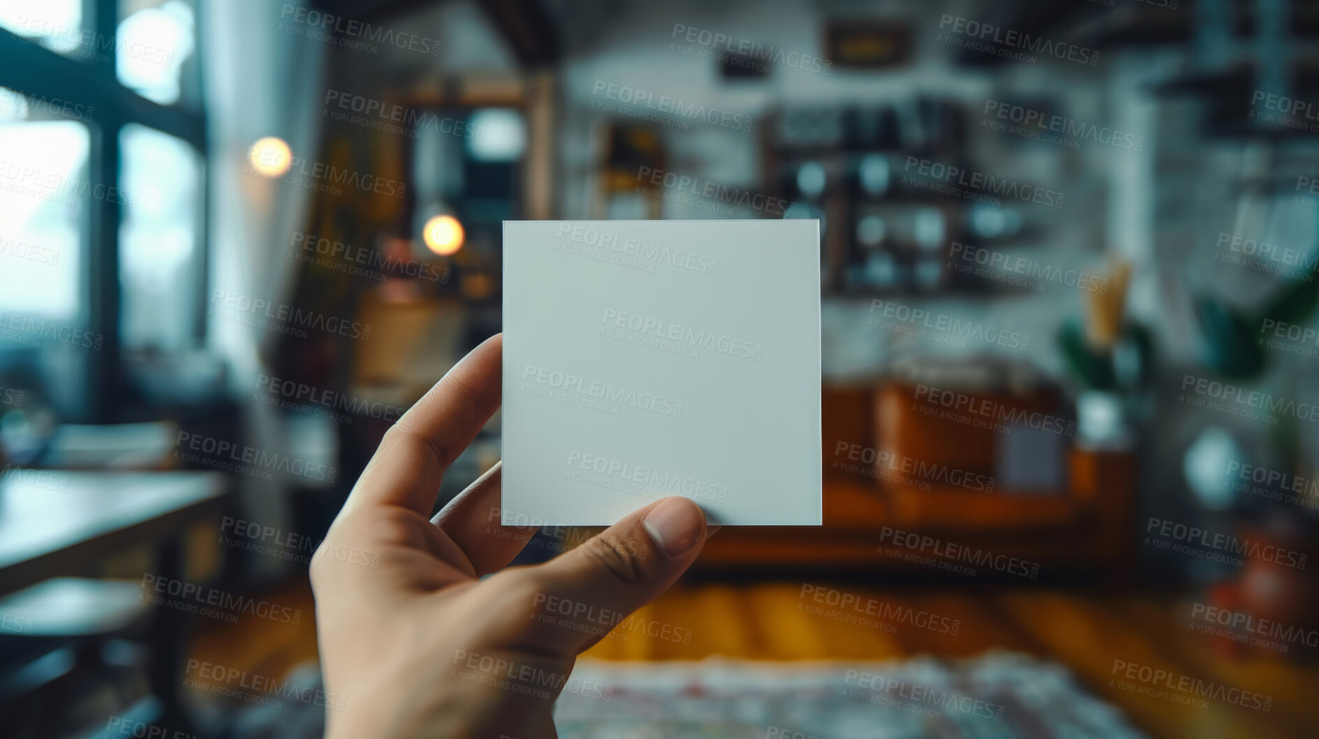 Buy stock photo Person, hand and blank paper with mockup for note, message or gift card in living room at home. Closeup of empty page, poster or small sign for alert, notification or reminder of agenda, memo or task