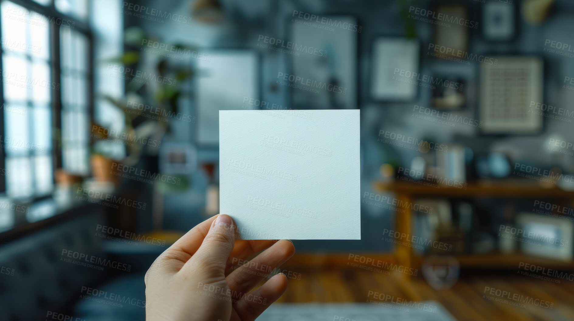 Buy stock photo Person, hand and blank card with mockup for note, message or page in living room at home. Closeup of empty paper, poster or small sign for alert, notification or reminder of agenda, memo or tasks