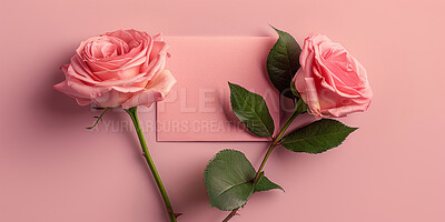 Sticky note, card and valentines day with rose on banner for anniversary or gift above on a pink background. Top view of empty space with flowers, leaves or petals by paper for message, text or post