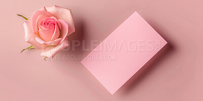 Rose, card and valentines day with flower on banner for anniversary or gift above on a pink background. Top view of empty space with petals by paper for message, text or post on template or mockup