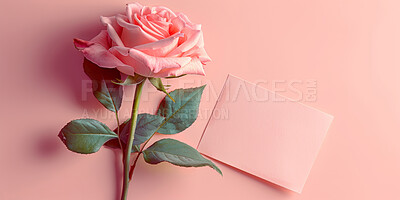 Buy stock photo Rose, card and valentines day with banner for anniversary or gift above on a pink background. Top view of empty space with flower or petals by paper for message, text or post on template or mockup