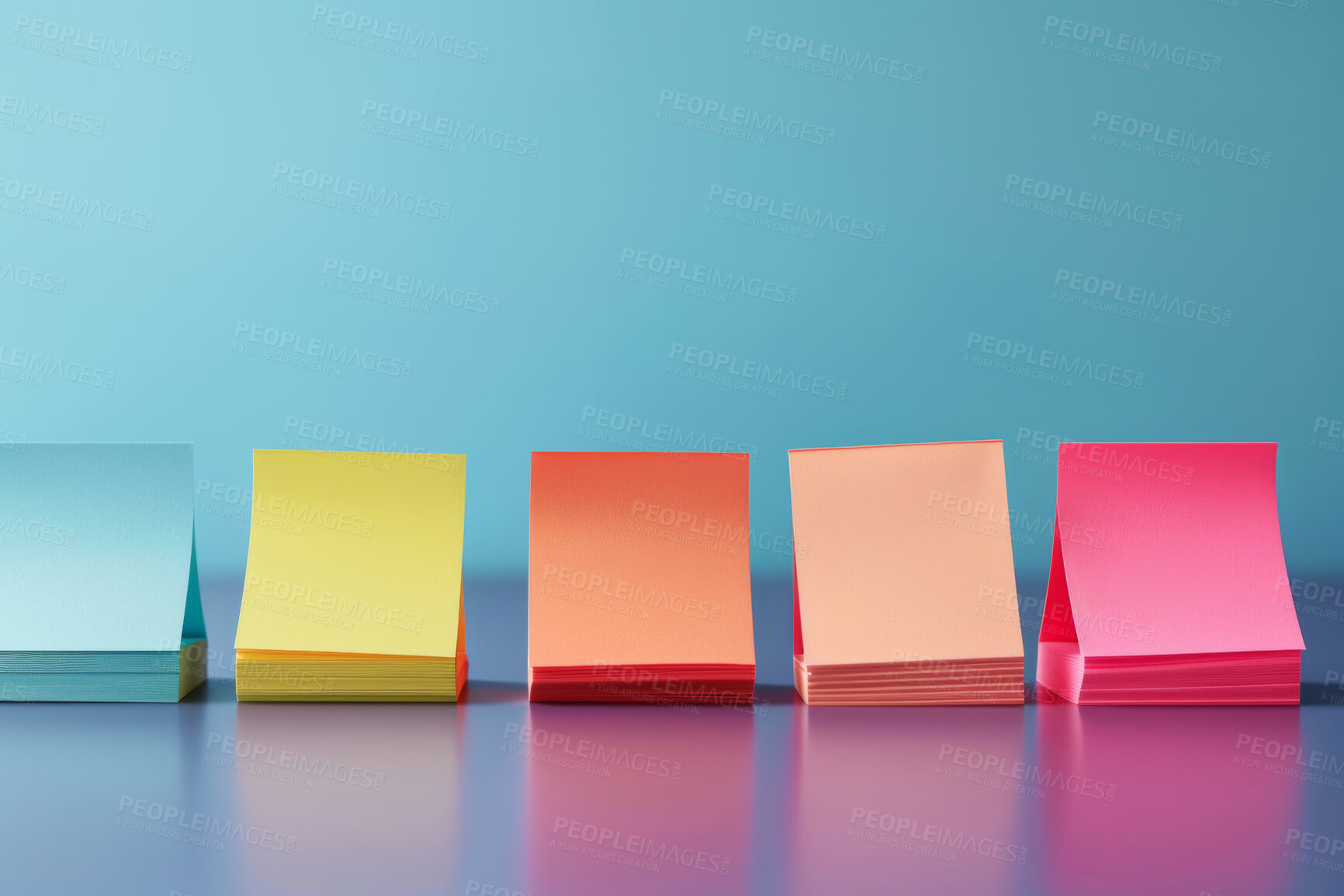 Buy stock photo Sticky notes, art and creativity with color in studio on blue background for planning, vision and ideas. Writing, collaboration and mockup space for text, project and assignment to brainstorm