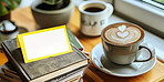 Sticky note, coffee and books with mockup at cafe for creative startup, agenda or tasks. Blank card, paper or sign for message, text or notification with cup of latte, cappuccino or caffeine at shop