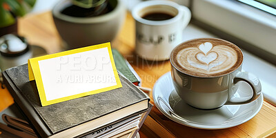 Buy stock photo Sticky note, coffee and books with mockup at cafe for creative startup, agenda or tasks. Blank card, paper or sign for message, text or notification with cup of latte, cappuccino or caffeine at shop