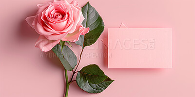 Sticky note, card and valentines day with rose for anniversary, gift or banner on a pink background. Top view of empty space with flower, leaves or petals by paper for message, text or post on mockup