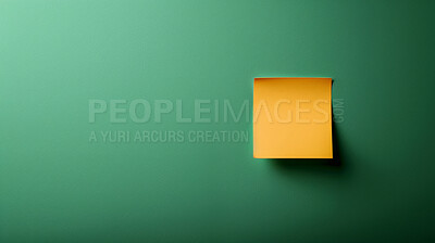 Sticky note, page and mockup with paper for reminder, tasks or agenda on a green background. Empty space, sign or small document for alert, notification or message on memo, memory or label and post