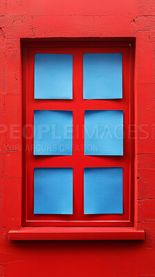 Buy stock photo Sticky notes, window and frame with paper shapes for colorful agenda or tasks on brick wall. Empty space, blank pages or blue squares on red background for planning, reminder or pattern on building