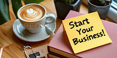 Sticky note, coffee and small business with books at cafe for creative startup, agenda or tasks. Card, paper or sign of message, text or notification with cup of latte, cappuccino or caffeine at shop