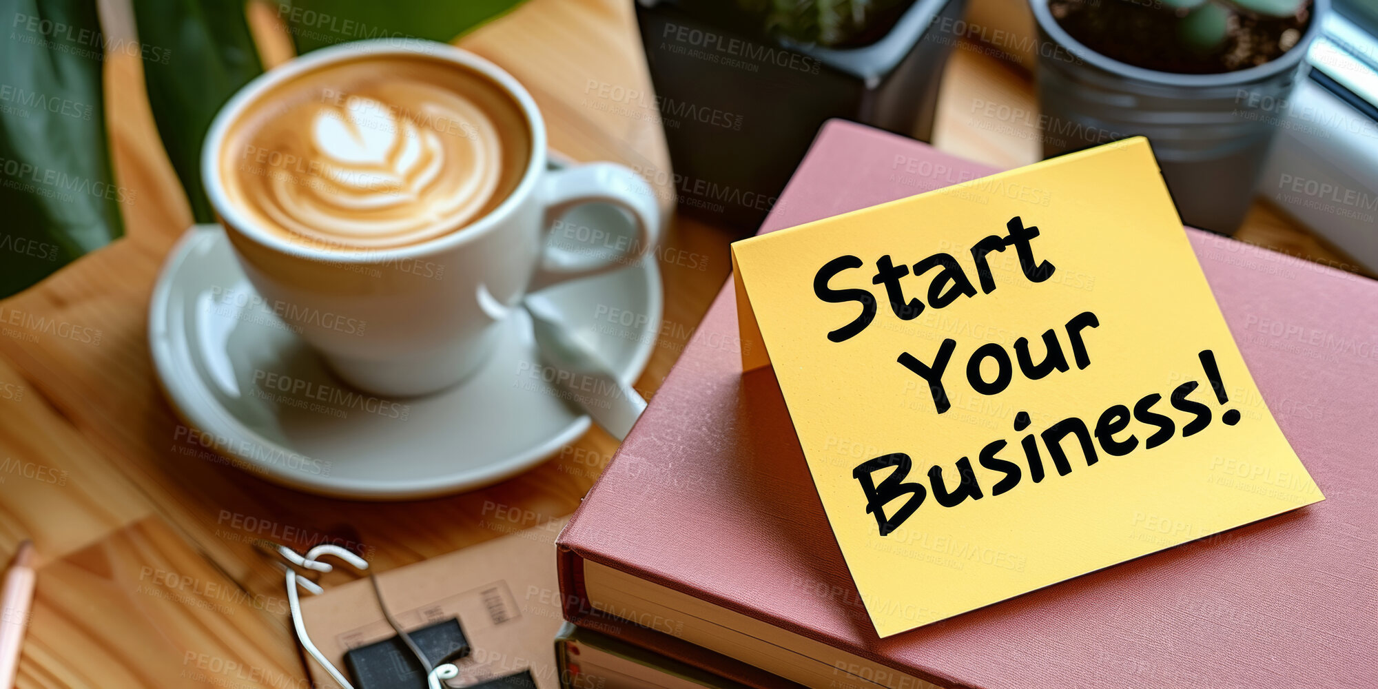 Buy stock photo Sticky note, coffee and small business with books at cafe for creative startup, agenda or tasks. Card, paper or sign of message, text or notification with cup of latte, cappuccino or caffeine at shop