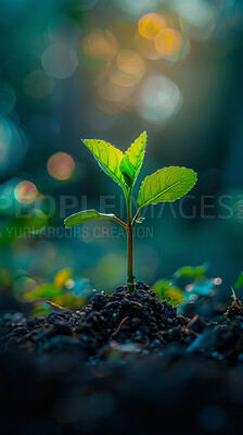 Buy stock photo Sapling, growth and soil in nature for sustainability, gardening dirt or fertiliser agriculture. Bokeh, agro and green leaves with plant for natural environment, earth day or spring for eco friendly