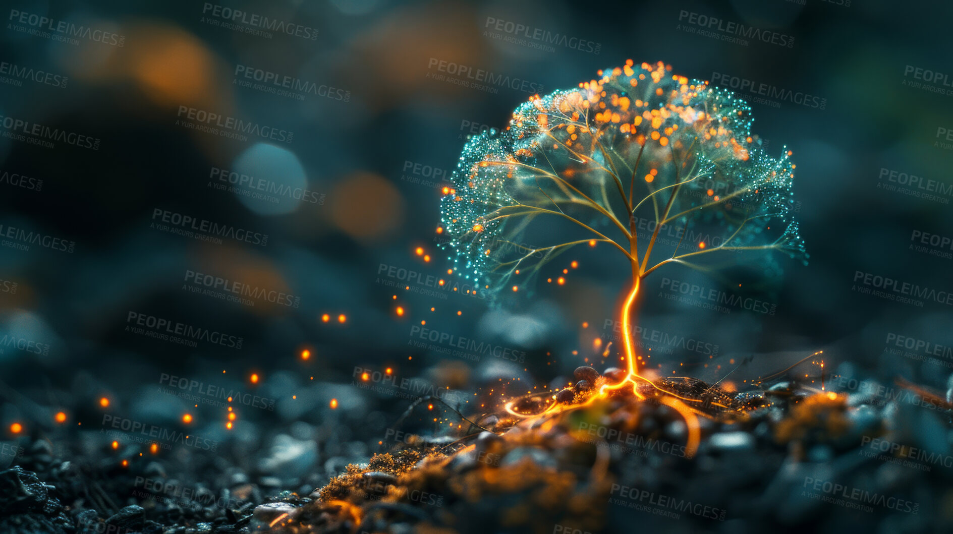 Buy stock photo Tree, futuristic and plant in nature, farm and bokeh in environment, earth and leaves in soil outdoor. Agriculture, dirt and field for carbon footprint, sustainability and project for seedling