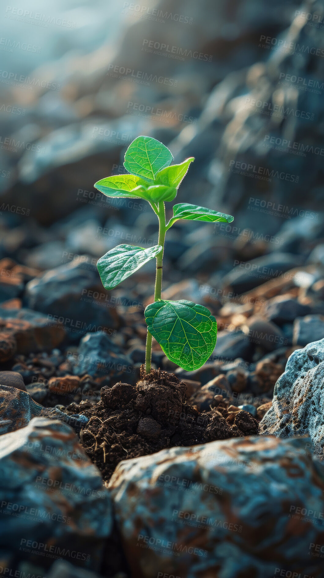 Buy stock photo Plant, growth and soil in nature for sustainability, gardening dirt or fertiliser agriculture. Empty, agro and green leaves with compost for natural environment, earth day or spring for eco friendly