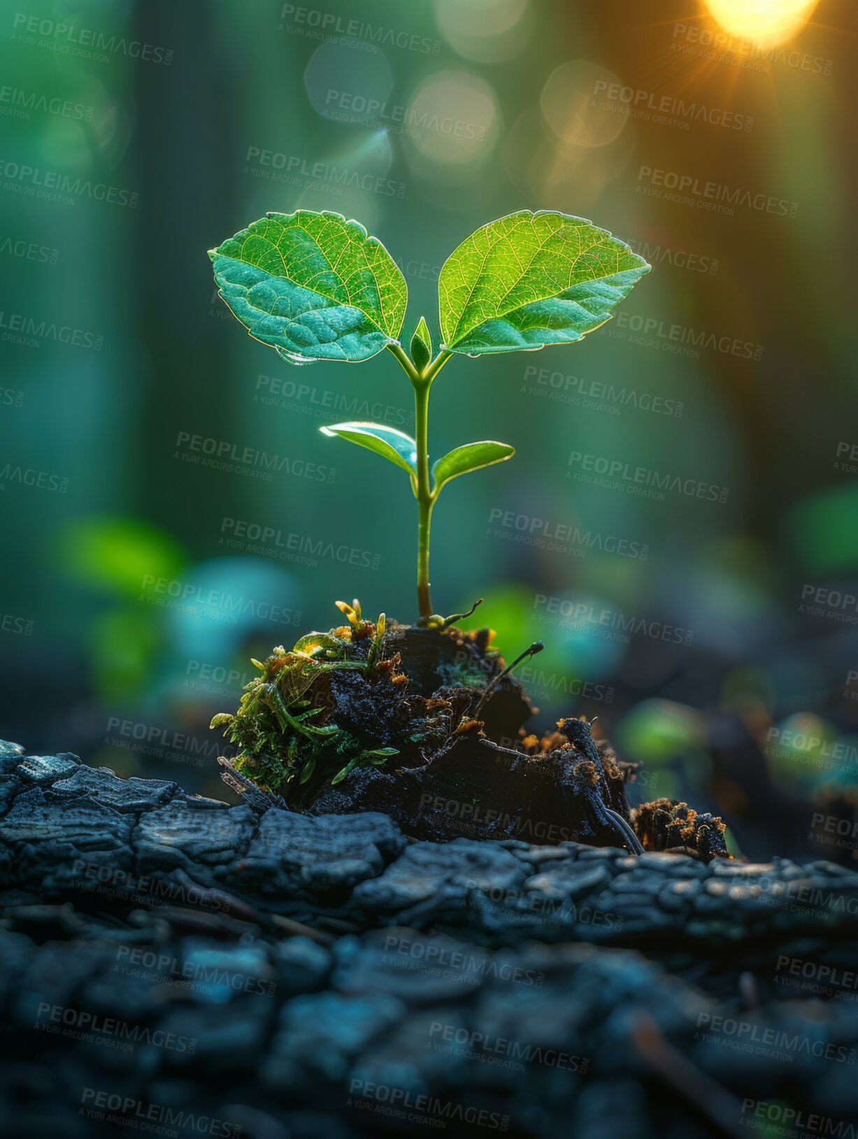 Buy stock photo Plant, growth and soil in garden for sustainability, nature or fertiliser agriculture. Bokeh, agro and green leaves with compost for natural environment, earth day or spring for eco friendly park