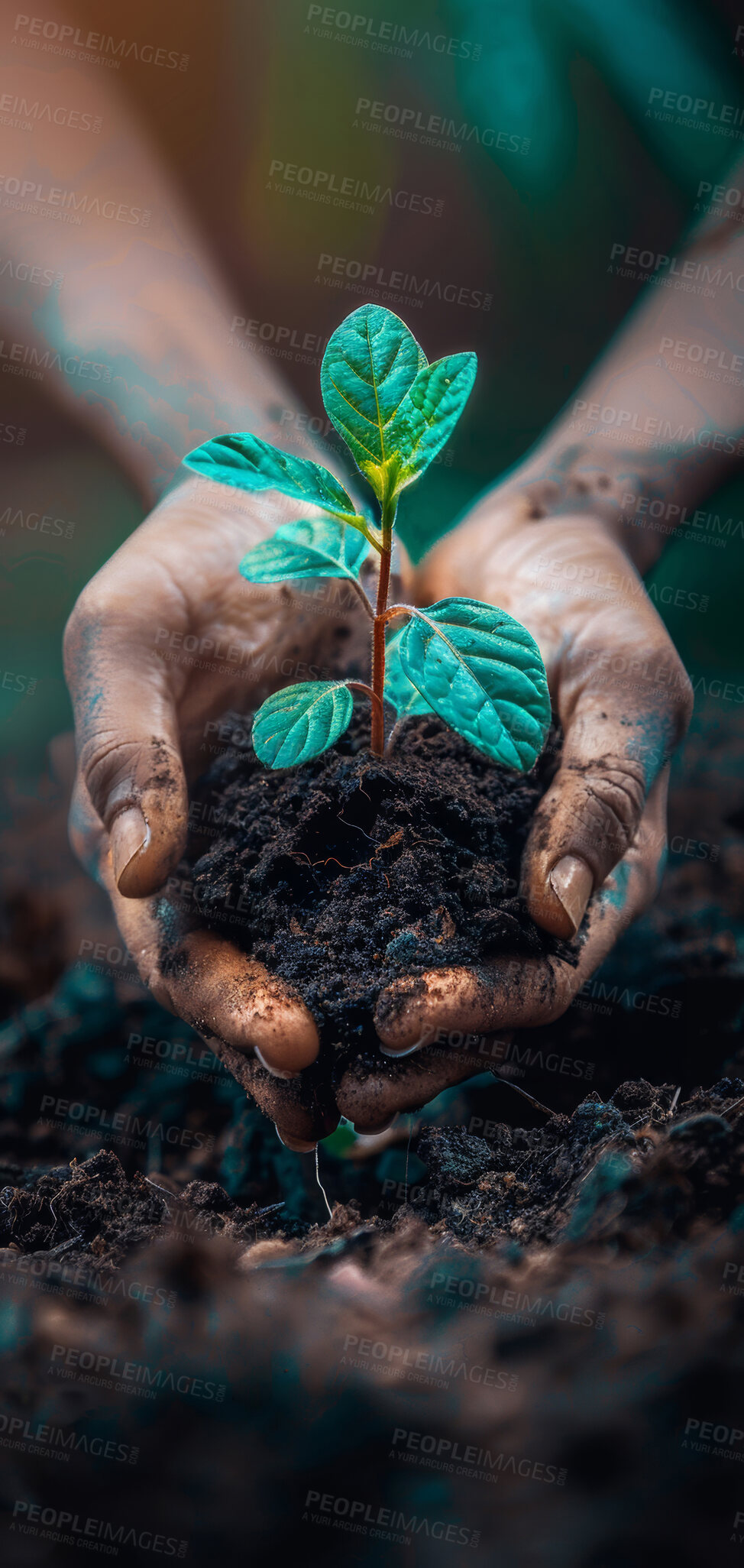 Buy stock photo Seedling, volunteer and plant in dirt, hands and future of environment, farmer and outdoor in nature of garden. Agriculture, soil and growth with person for sustainability, eco friendly and project
