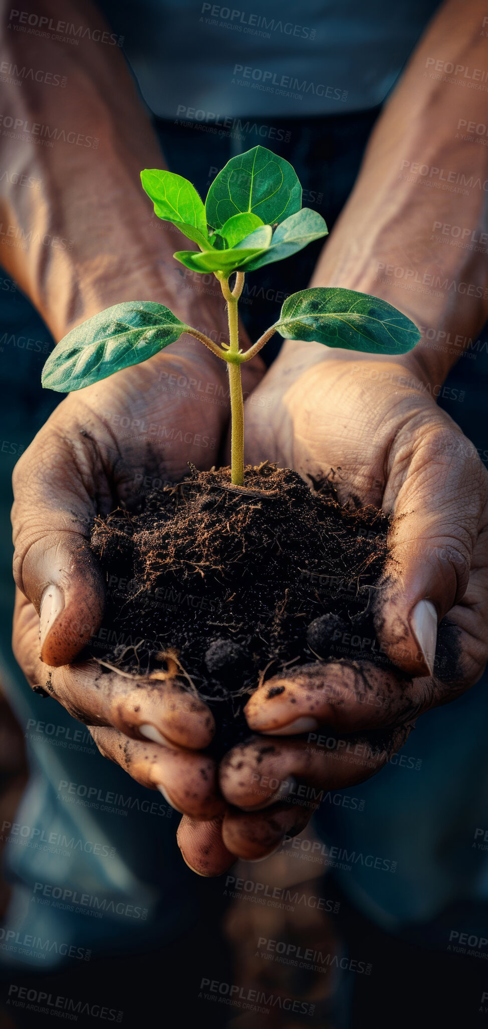 Buy stock photo Seedling, grow and plant in ecology, hands and future of environment, farmer and outdoor in soil of garden. Agriculture, dirt and person with care for sustainability, eco friendly and project