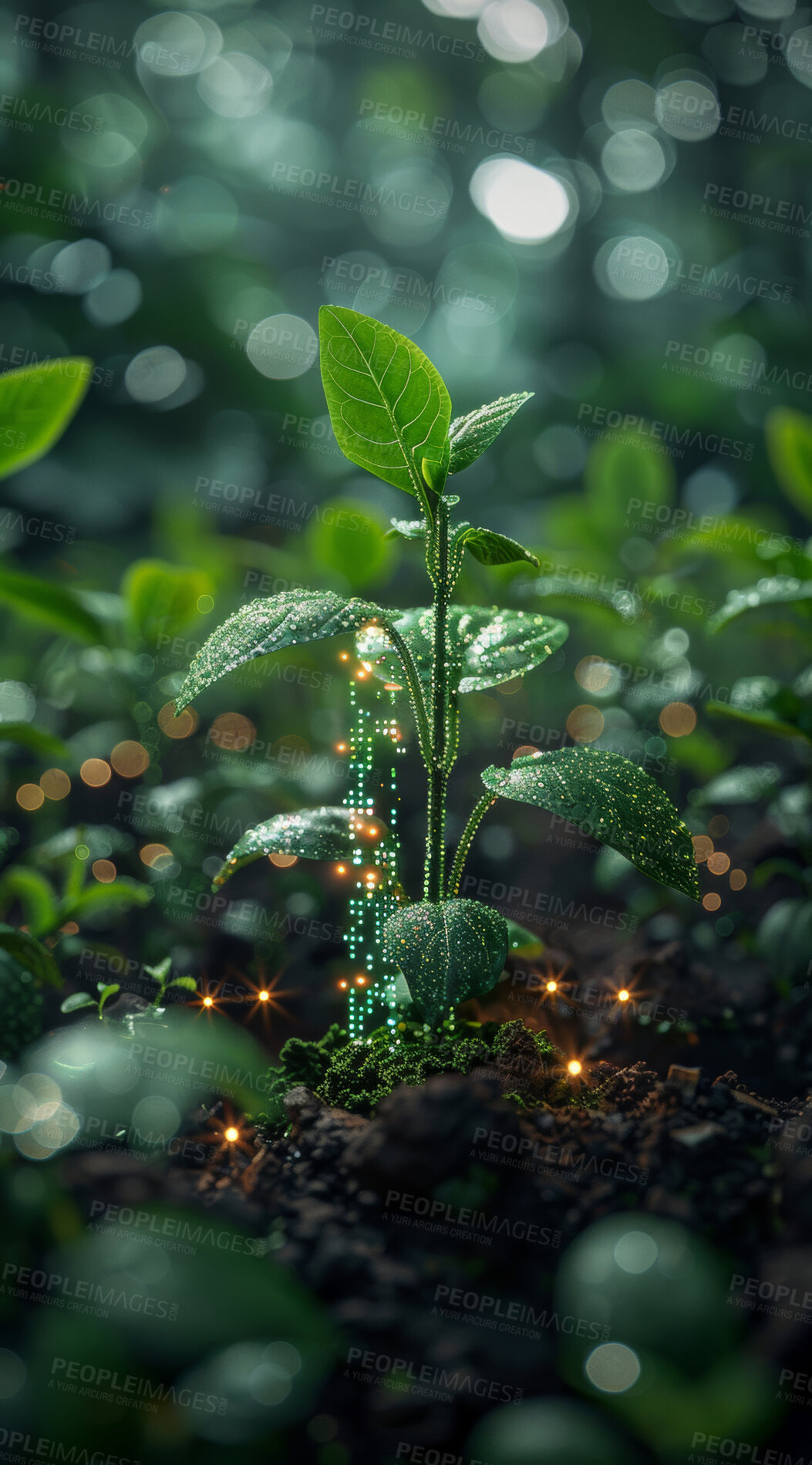 Buy stock photo Sapling, growth and plant in soil, garden and bokeh in summer, farming and ecology in nature outdoor. Agriculture, dirt and field for carbon footprint, sustainability and futuristic or biotechnology