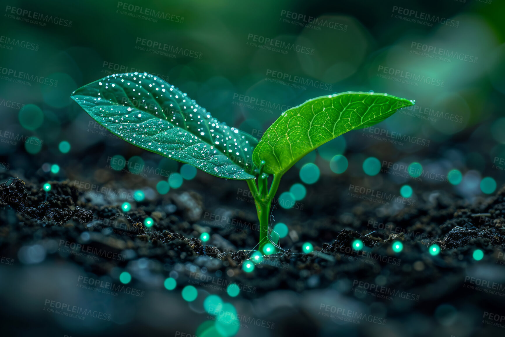 Buy stock photo Futuristic, grow and plant in nature, sprout and mockup in environment, earth and leaves in soil outdoor. Agriculture, dirt and field for carbon footprint, sustainability and project in garden