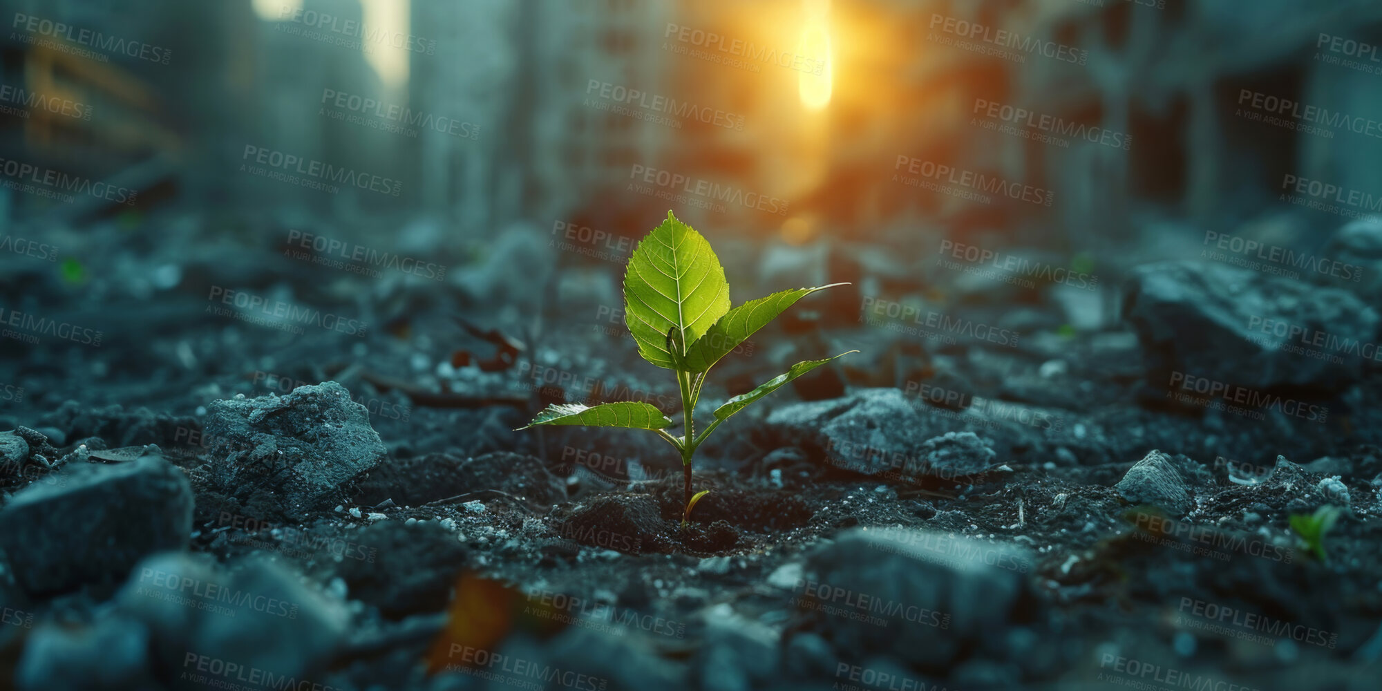 Buy stock photo Seedling, soil and plant for agriculture, urban or growth for  sapling and farming. Spring, dirt or rubble for fresh sprout and hope in urban area, plants or sustainability with sunshine for ecology