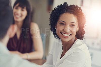 Buy stock photo Happy, business woman and meeting with thinking, listening and smile at creative agency with seminar. Working, training and workplace with group, workshop and diversity with teamwork in office