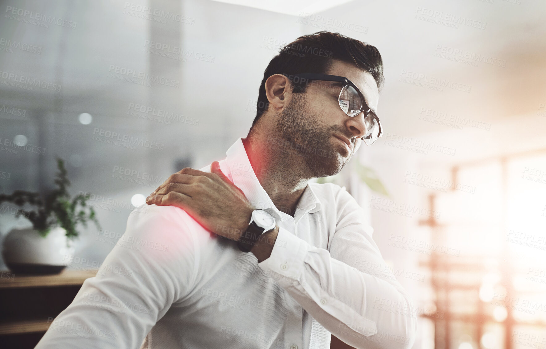 Buy stock photo Stress, fatigue and man in office with shoulder pain, ergonomic strain and burnout at desk. Posture, frustrated and tired businessman with muscle injury, massage and consultant with workplace strain