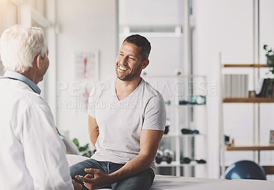 Buy stock photo Doctor, man and patient on bed for consultation with insulin plaster for diabetes, injection and treatment. Senior expert, health insurance and glucose check with blood pressure and wellness checkup