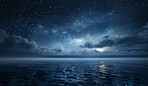 Night, sky and stars by ocean in universe for illustration, light and fantasy, bright and constellation skyline. Creative, landscape and horizon, astrology and beach, summer and stargazing wallpaper