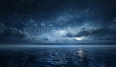 Night, sky and stars by ocean in universe for illustration, light and fantasy, bright and constellation skyline. Creative, landscape and horizon, astrology and beach, summer and stargazing wallpaper