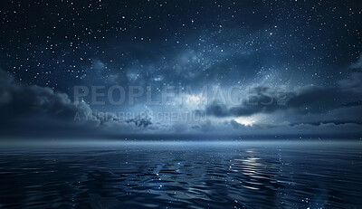 Buy stock photo Night, sky and stars by ocean in universe for illustration, light and fantasy, bright and constellation skyline. Creative, landscape and horizon, astrology and beach, summer and stargazing wallpaper