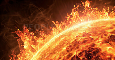Fire, space and sun with dark background of galaxy or universe for adventure, exploration and fantasy. Cosmos, heat and wallpaper of astrology, astronomy or burning gas for interstellar solar system