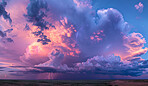 Clouds, sunset and outdoor background for storm, environment or summer landscape for climate change. Gas, overcast and nature on abstract backdrop for smoke in sky, thunder or lightning for hurricane