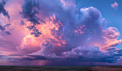 Buy stock photo Clouds, sunset and outdoor background for storm, environment or summer landscape for climate change. Gas, overcast and nature on abstract backdrop for smoke in sky, thunder or lightning for hurricane