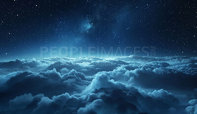 Clouds, night and outdoor background of sky, environment or wallpaper texture for climate change. Dark gas, overcast or nature on abstract backdrop for heaven, smoke or stars in space for astrology