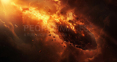 Buy stock photo Asteroid, space and flame trail in galaxy or solar system, graphic of stars in cosmos. Meteorite, explosion and milky way with comet in zoom for astrology, apocalypse at night or wallpaper with fire