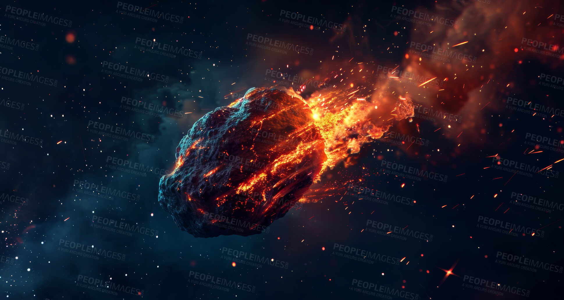 Buy stock photo Asteroid, space and fire trail in galaxy or solar system, graphic of stars in cosmos. Meteorite, explosion and milky way with comet in zoom for astrology, apocalypse at night or wallpaper with flame