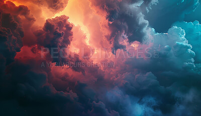 Colorful, galaxy and clouds in sky for universe illustration for wallpaper, design or background. Fantasy, texture and creative abstract glow by gas nebula in cosmic space for milky way astrology art