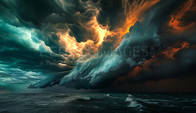 Sea, sky and storm at night with waves of natural disaster for climate change, danger or fantasy. Background, clouds and earth with ocean current or tide in evening for flood, thunder or wallpaper
