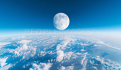 Stratosphere, blue sky and moon rise in space for abstract background with celestial wallpaper, clouds and horizon. Lunar satellite, atmosphere and earth for science research with gravity and globe