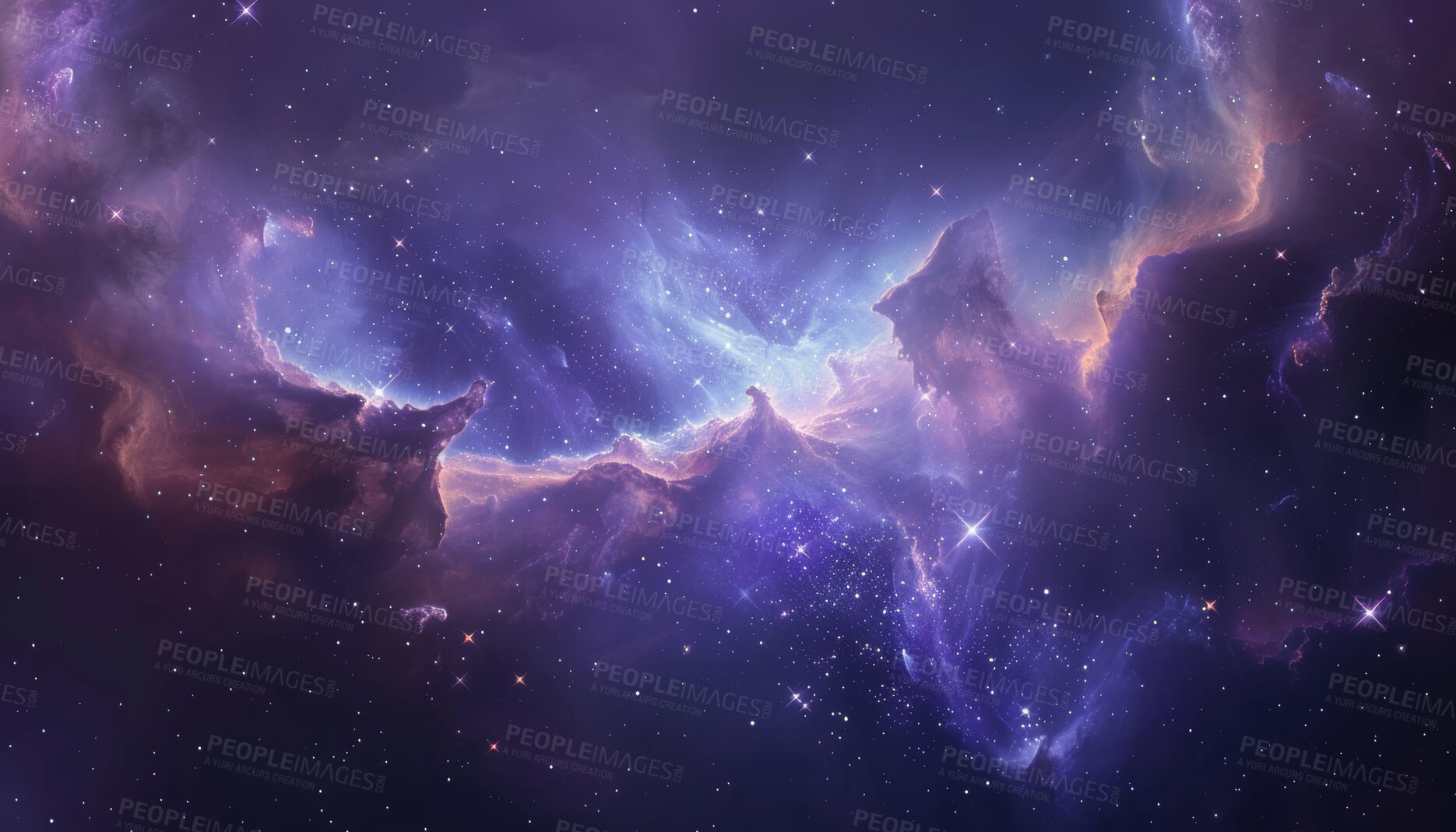 Buy stock photo Galaxy, purple and space with dark background of universe for adventure, exploration or fantasy. Cosmos, sky and star wallpaper of astrology, astronomy or constellation for interstellar solar system