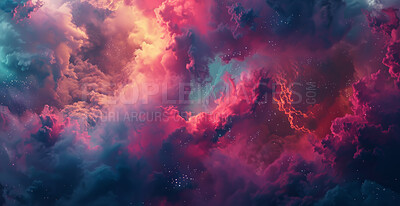 Clouds, galaxy and space with dramatic background of universe for adventure, exploration or fantasy. Cosmos, night and wallpaper of bright interstellar solar system for astrology or astronomy in sky