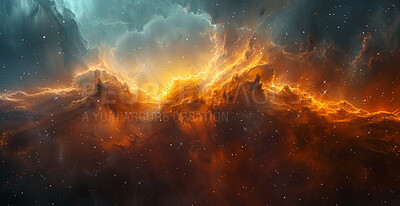 Space, abstract and clouds with fire in sky for cosmic inferno, atmosphere and background. Wallpaper, design and graphic of colorful galaxy with for interstellar, explosion and astronomy in universe